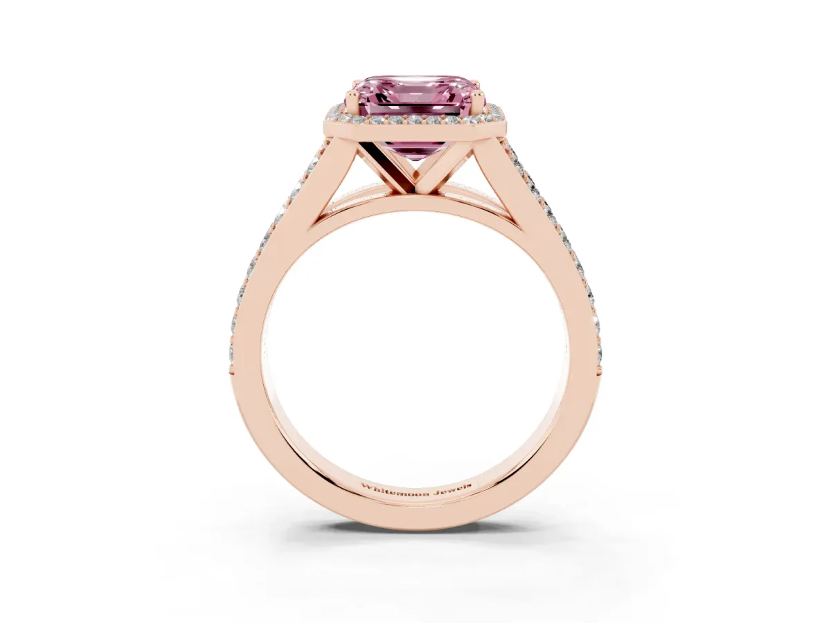 Fancy Pink Asscher Cut Diamond Split Shank Halo Ring with Four-Prong Setting Rose gold