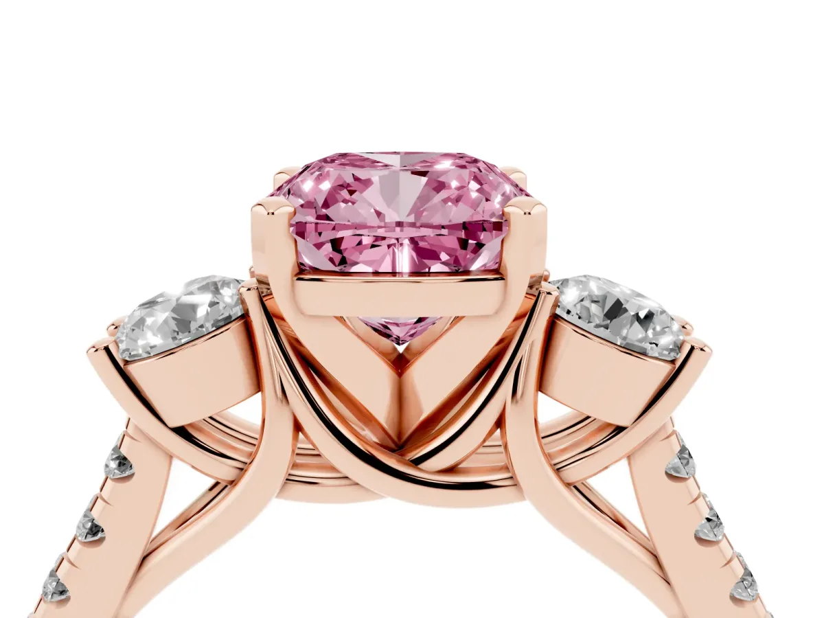 Fancy Pink Three-Stone Cushion Cut Diamond Pavé Band with Four-Prong Setting Rose gold