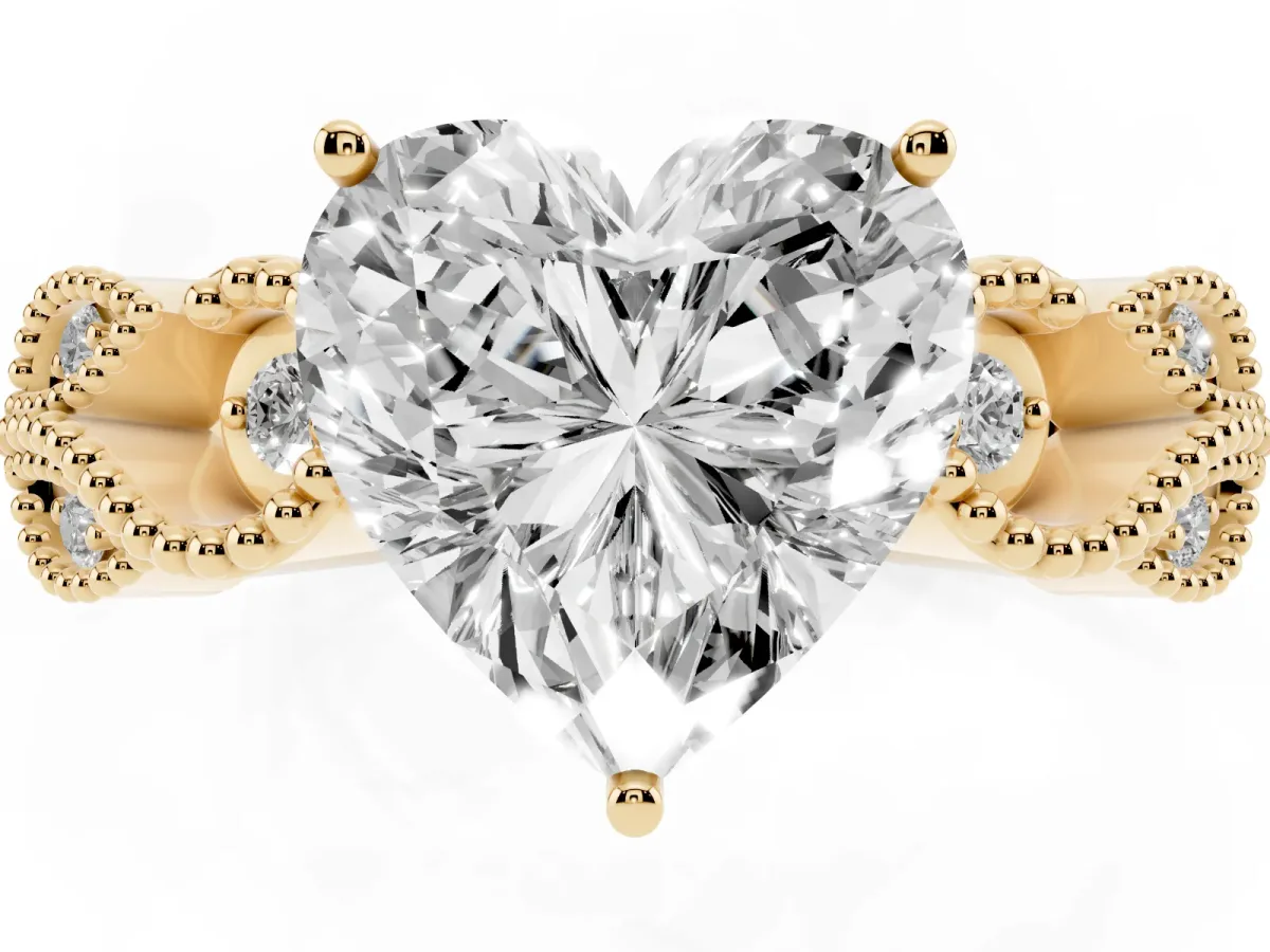 Heart Cut Solitaire Milgrain Leaf Band with Prong Setting Yellow gold
