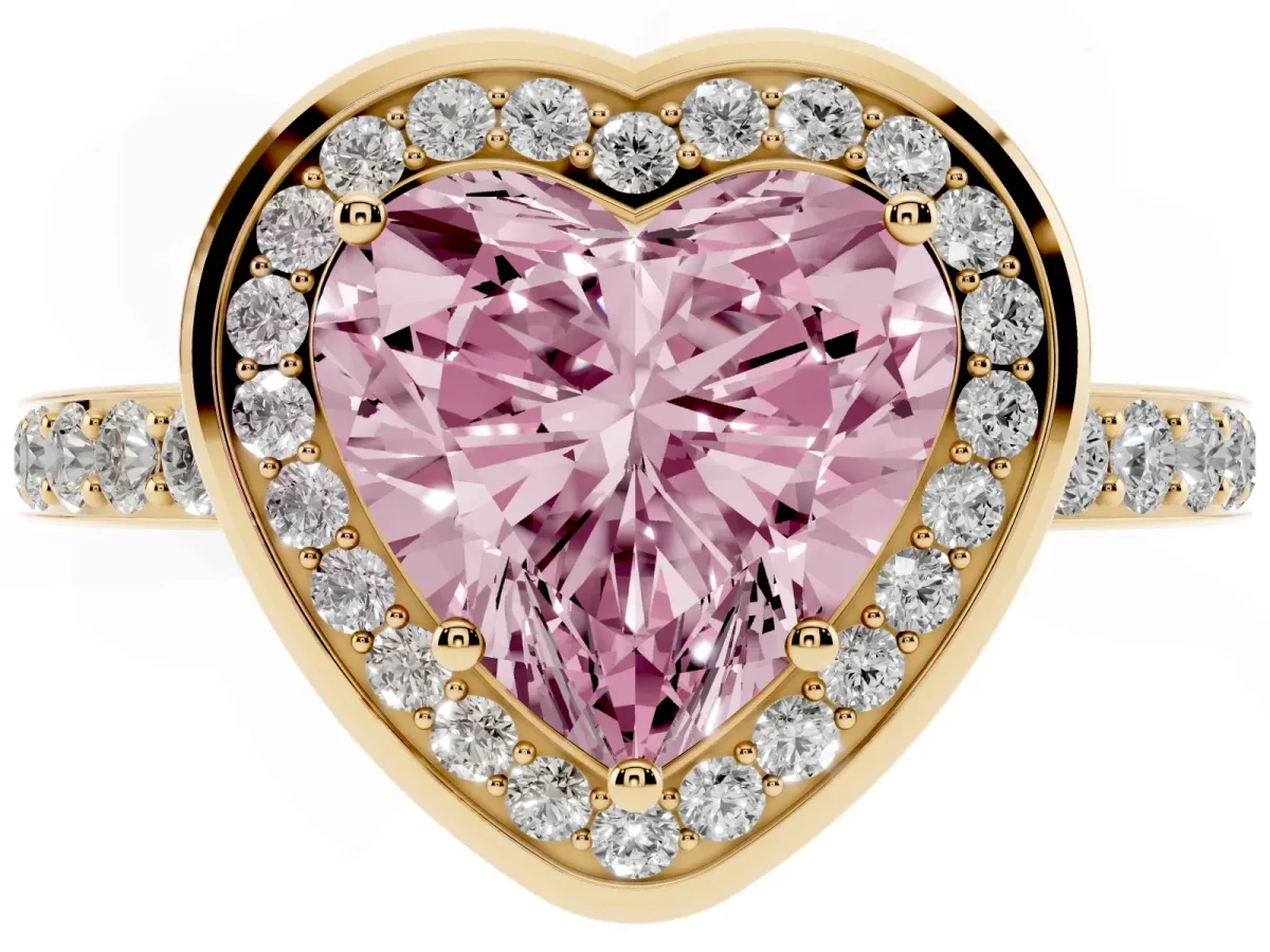 Fancy Pink Heart Cut Diamond Halo Ring with Bezel Frame and Pavé Band Yellow gold