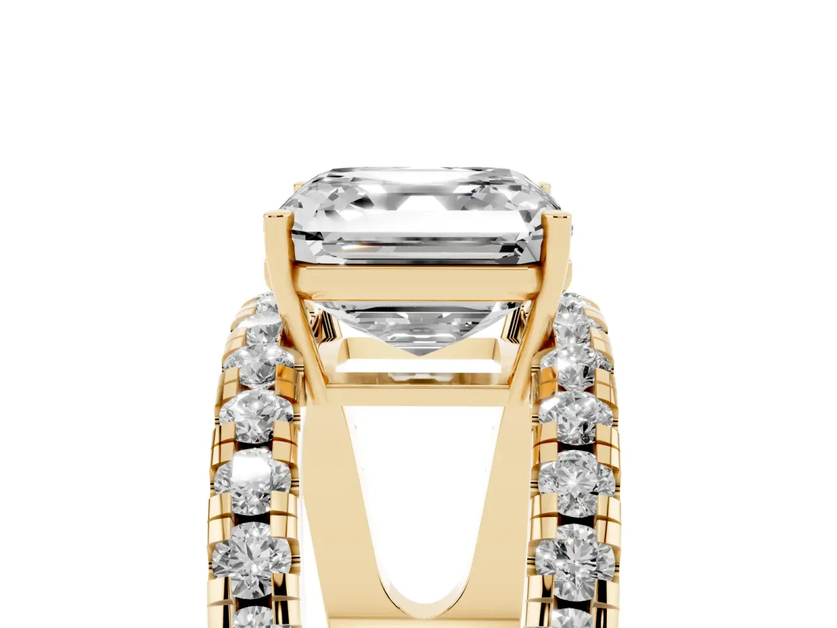 Asscher Cut Solitaire Split Shank Pave Diamond Ring Yellow gold