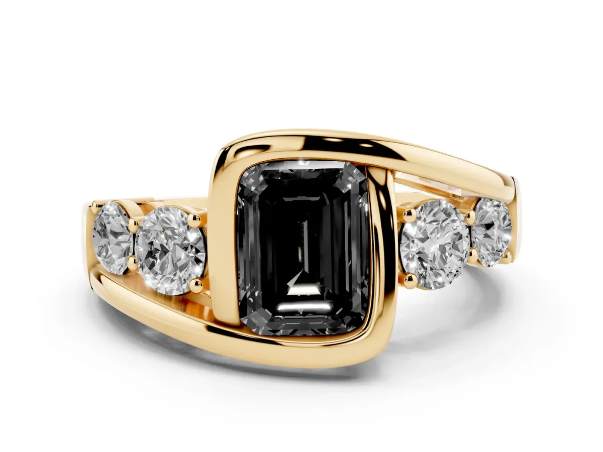 Fancy Black Bezel Set Emerald Cut Diamond Bypass Ring with Round Accents Yellow gold