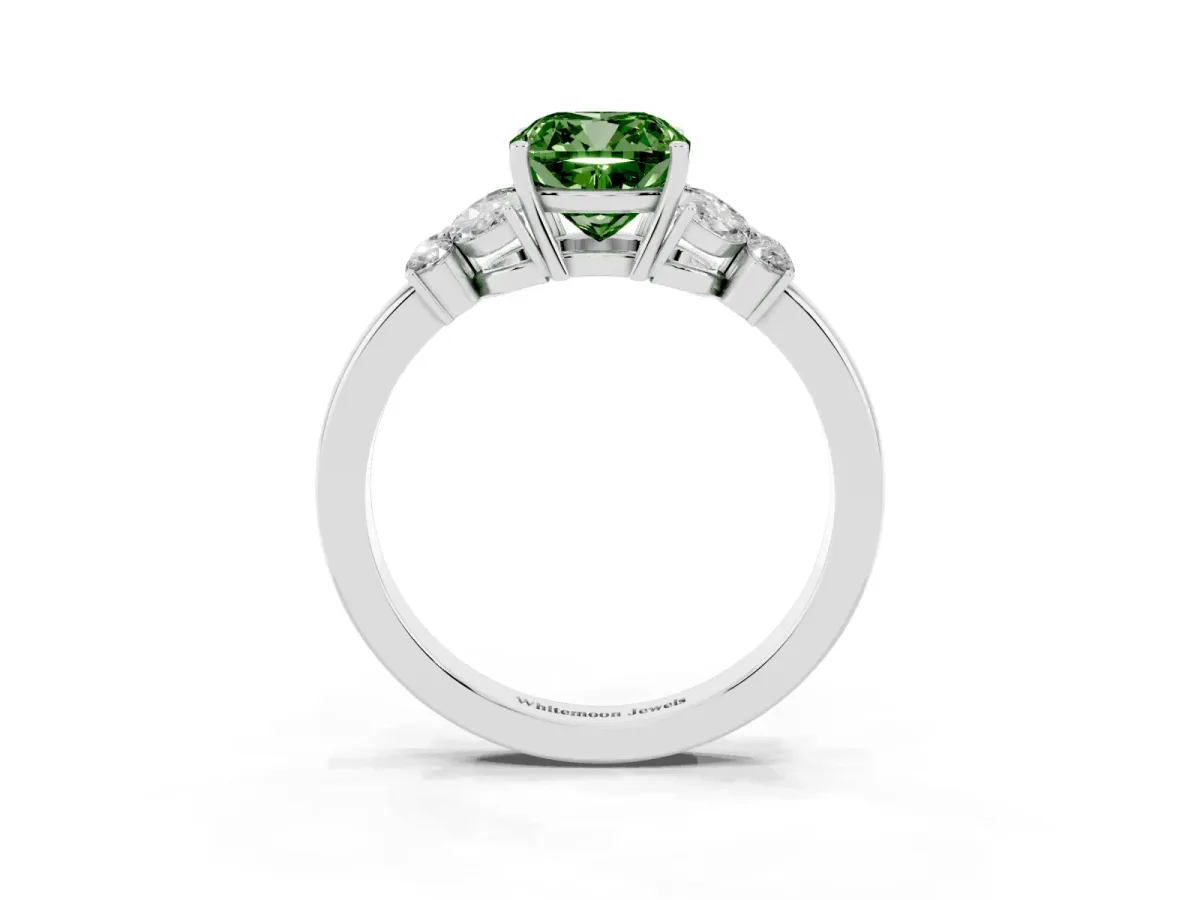 Fancy Green Cushion Cut Cut Solitaire Floral Diamond Ring with Four-Prong Setting Silver