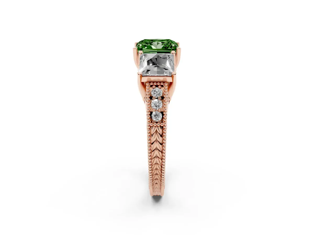 Fancy Green Three-Stone Princess Cut Cut Milgrain Pavé Engagement Ring Rose gold