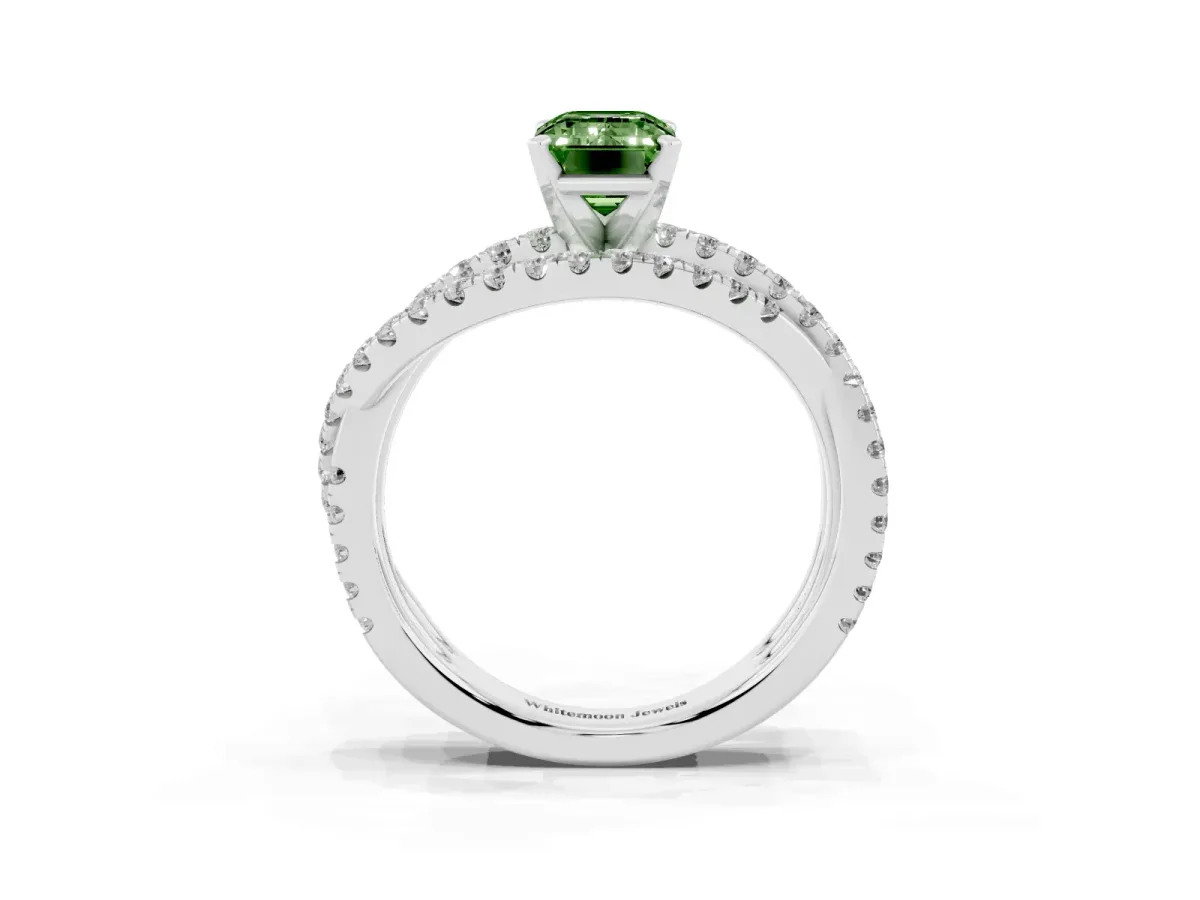 Fancy Green Emerald Cut Solitaire Twist Band with Pavé Setting and Four-Prong Setting Silver