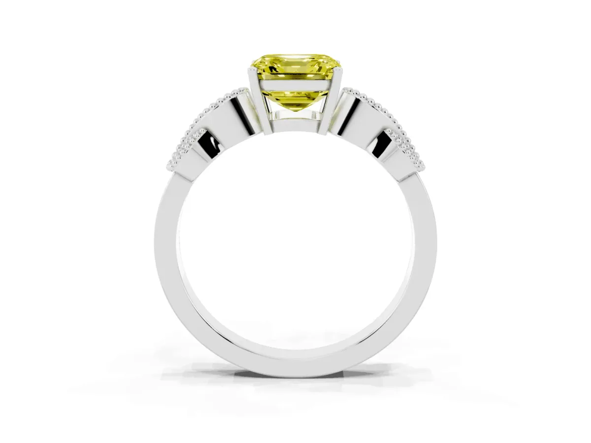 Fancy Yellow Asscher Cut Solitaire Milgrain Leaf Band with Prong Setting Silver