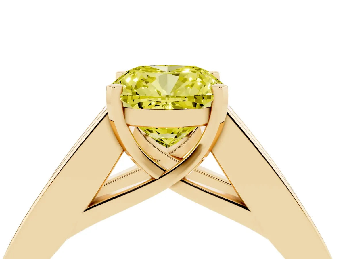 Fancy Yellow Cushion Cut Cut Channel Set Solitaire Ring with Four-Prong Setting Yellow gold