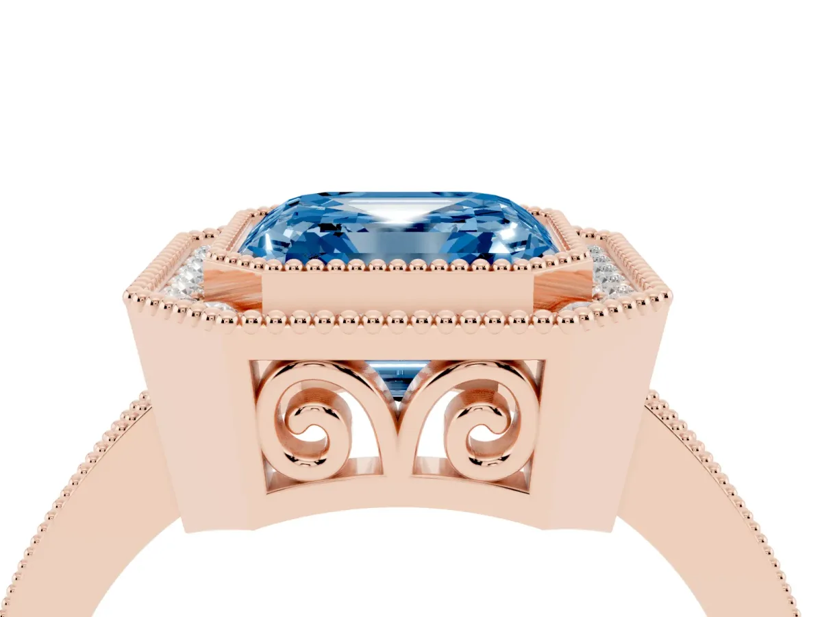Fancy Blue Asscher Cut Cut Halo Diamond Ring with Pavé Band and Milgrain Prong Setting Rose gold