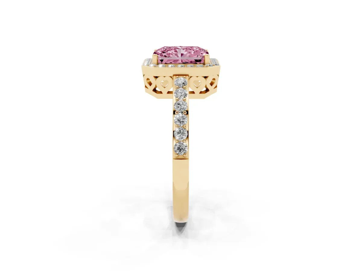 Fancy Pink Radiant Cut Halo Diamond Pavé Band Ring with Prong Setting Yellow gold