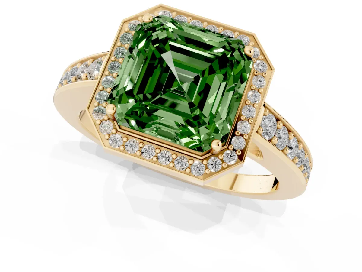 Fancy Green Asscher Cut Halo Pavé Diamond Engagement Ring with Bezel Setting Yellow gold
