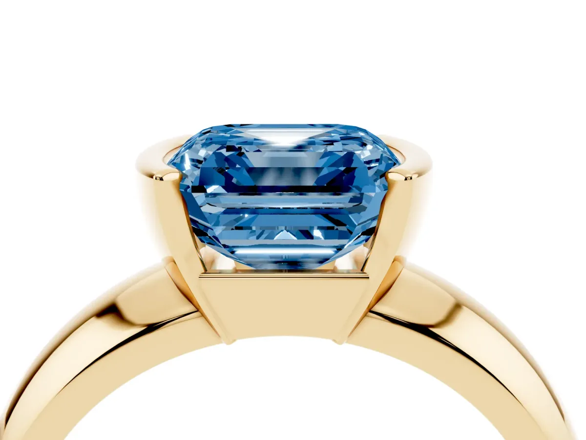 Fancy Blue Asscher Cut Solitaire Tension Set Diamond Ring with Wide Band Yellow gold