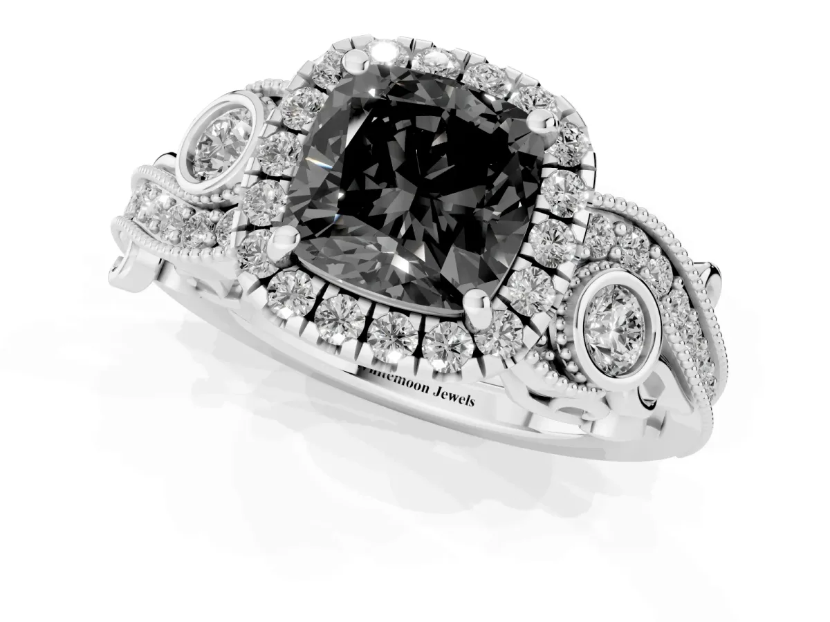 Fancy Black Cushion Cut Halo Diamond Ring with Milgrain and Bezel Accents on a Split Shank Band Platinum