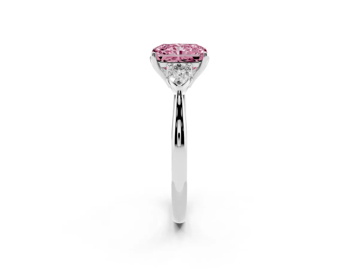 Fancy Pink Three-Stone Radiant Cut Diamond Ring with Pear Side Stones in Four-Prong Setting Silver