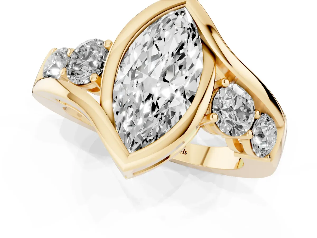 Bezel Set Marquise Cut Diamond Bypass Ring with Round Accents Yellow gold