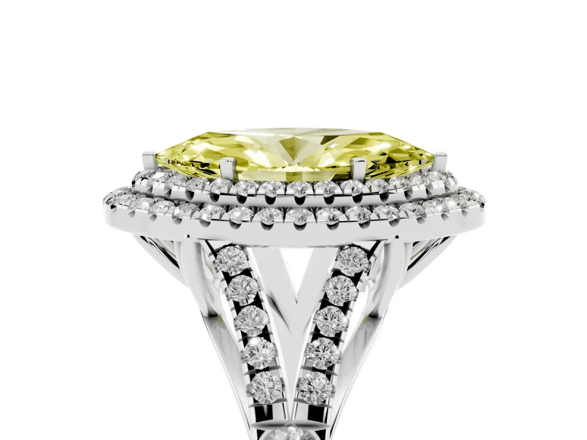 Fancy Yellow Marquise Cut Cut Double Halo Split Shank Diamond Ring with Prong Setting Silver