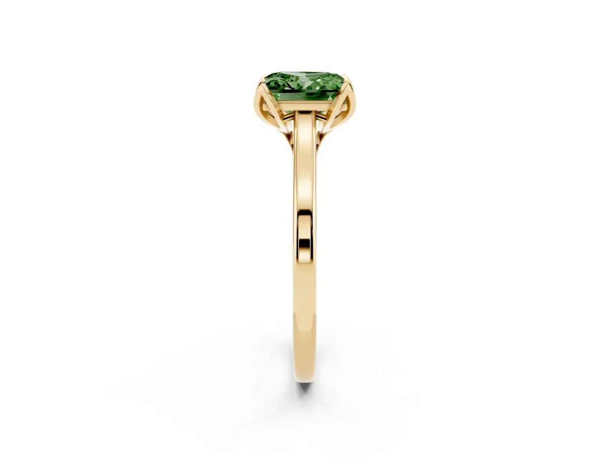 Fancy Green Princess Cut Diamond Solitaire Ring with Flower Prong Setting and Classic Band Yellow gold