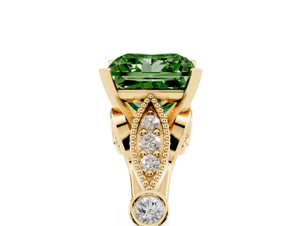 Fancy Green Princess Cut Cut Diamond with Milgrain Marquise and Bezel Accents on a Solitaire Band with Prong Setting Yellow gold
