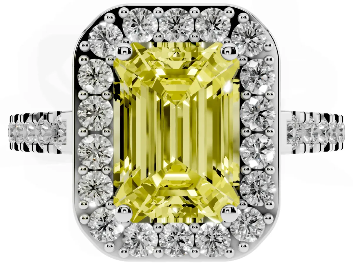 Fancy Yellow Emerald Cut Diamond Halo Ring with Round Pavé Split Shank and Prong Setting Silver