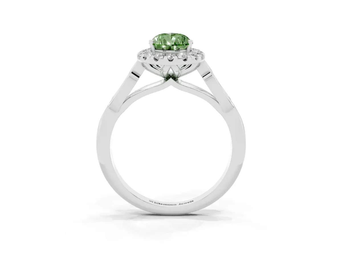 Fancy Green Pear Cut Halo Diamond Engagement Ring with Filigree Band and Four-Prong Setting White gold