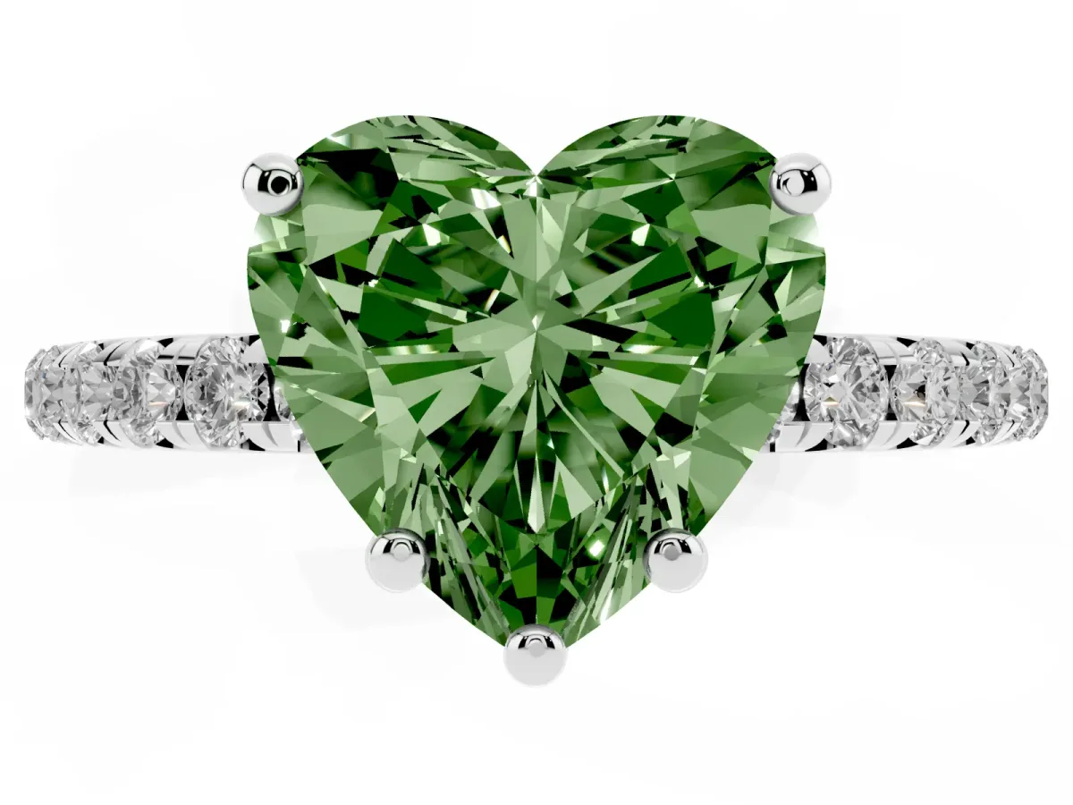 Fancy Green Heart Cut Cut Diamond Solitaire Ring with Micro Pave Band and Four Prong Setting Silver