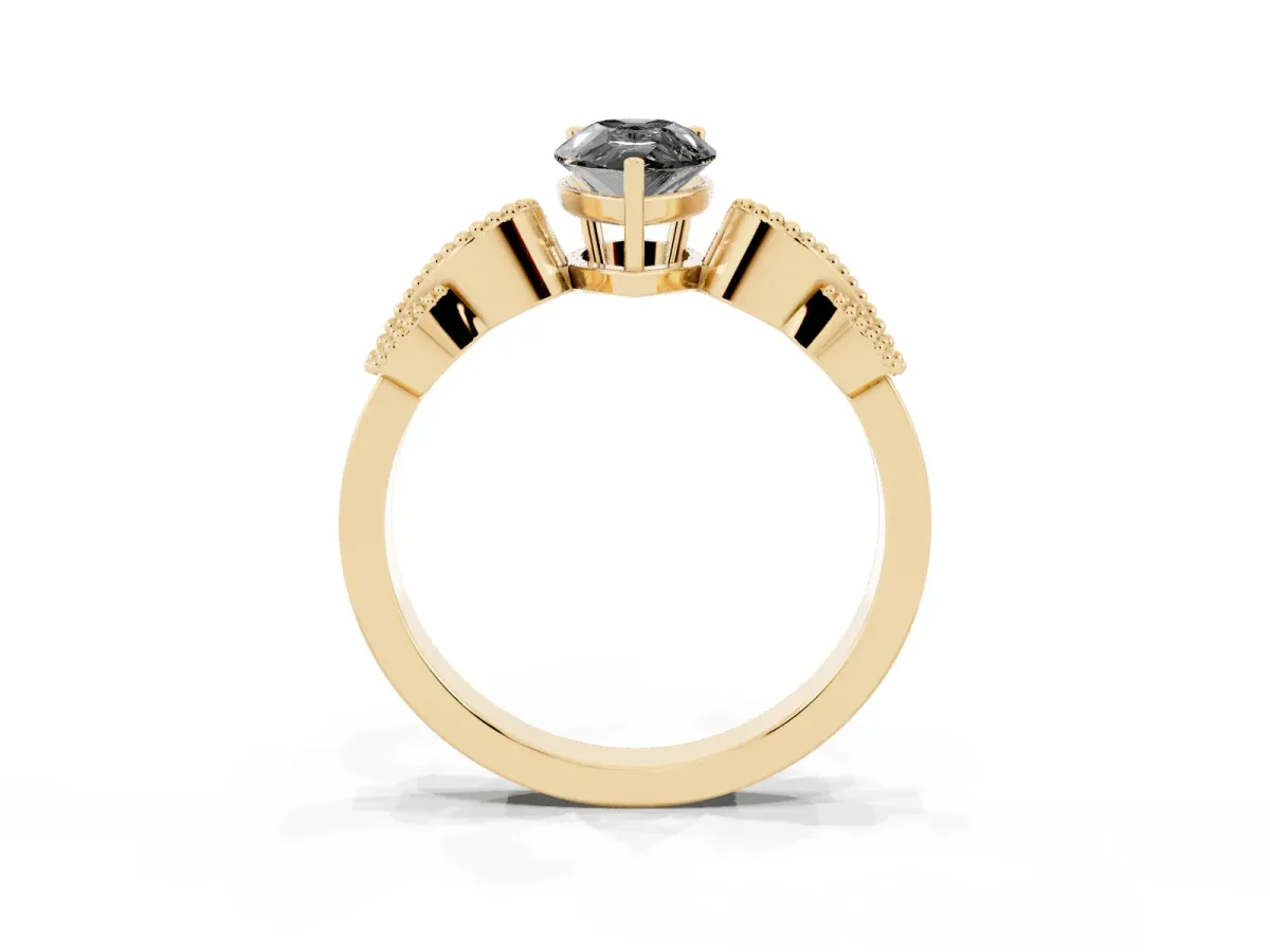 Fancy Black Pear Cut Solitaire Milgrain Leaf Band with Prong Setting Yellow gold