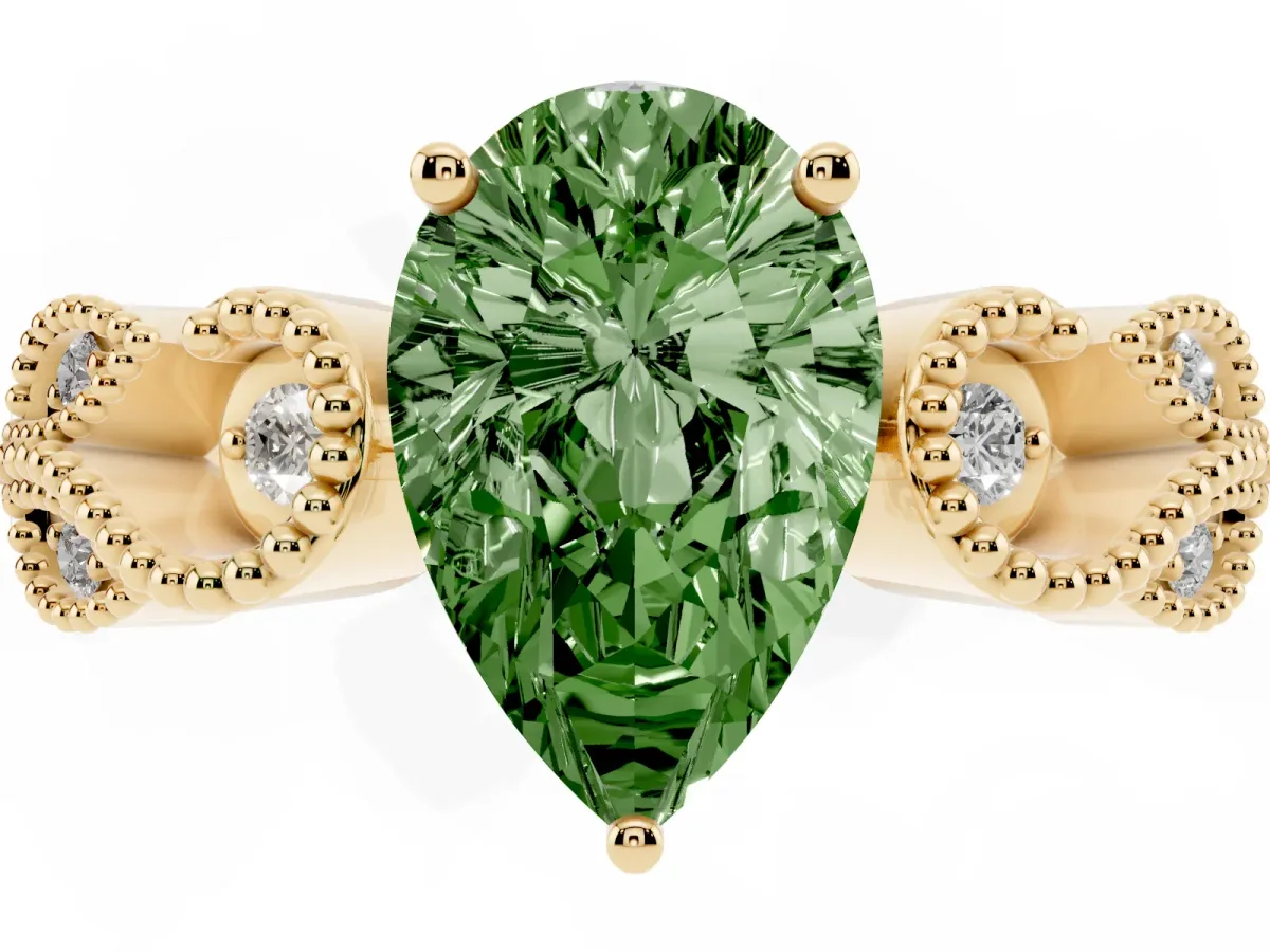 Fancy Green Pear Cut Solitaire Milgrain Leaf Band with Prong Setting Yellow gold