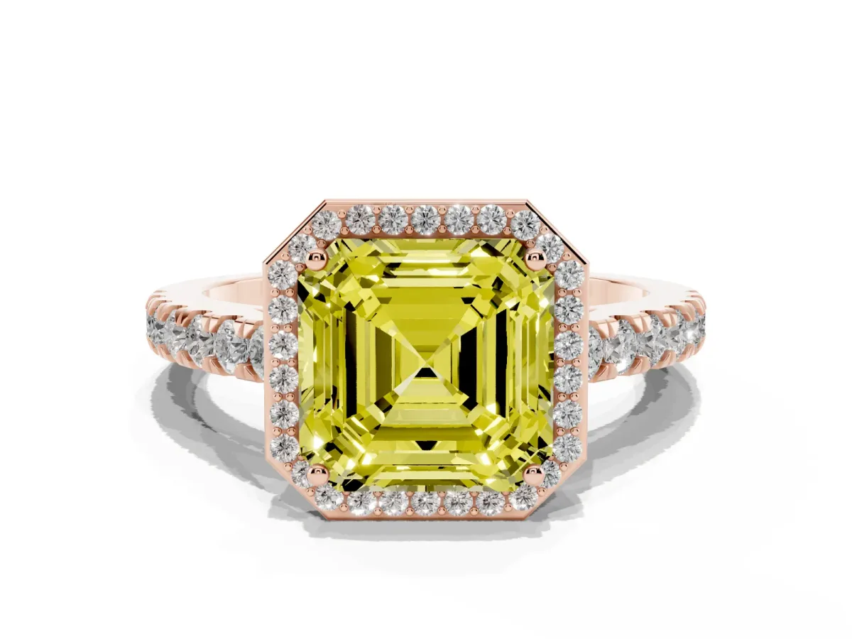 Fancy Yellow Asscher Cut Cut Halo Diamond Engagement Ring with Pave Band and Four-Prong Setting Rose gold