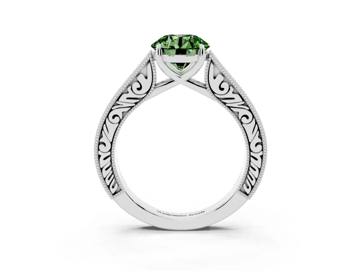 Fancy Green Round Cut Cut Pave Band Milgrain Solitaire Ring Platinum