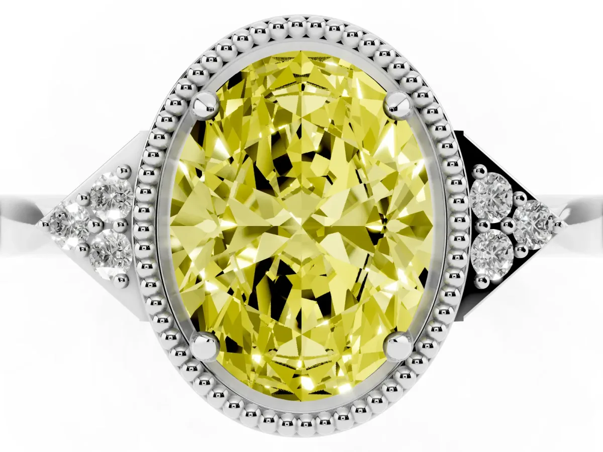 Fancy Yellow Hexagonal Halo Oval Cut Diamond Solitaire with Pavé Band and Four-Prong Setting Silver