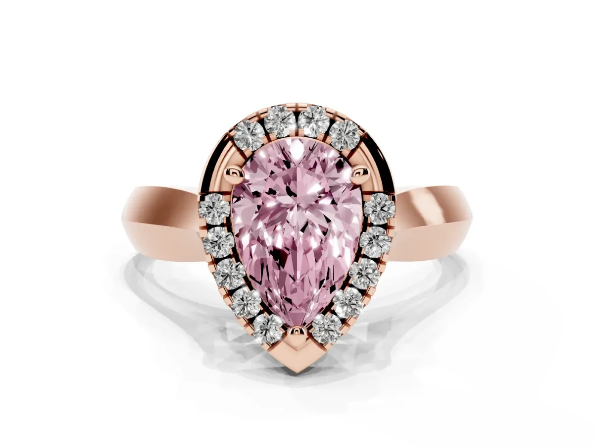 Fancy Pink Pear Cut Cut Halo Solitaire Engagement Ring with Square Band and Four-Prong Setting Rose gold