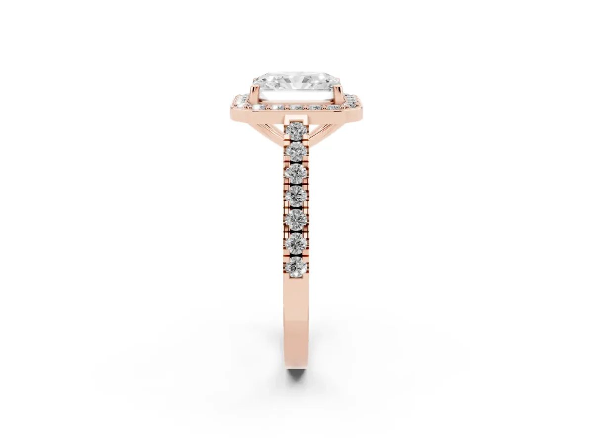 Radiant Cut Diamond Halo Ring with Round Pavé Split Shank and Prong Setting Rose gold
