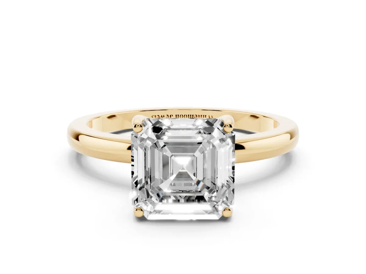 Asscher Cut Solitaire Diamond Ring with Prong Setting and Plain Band Yellow gold