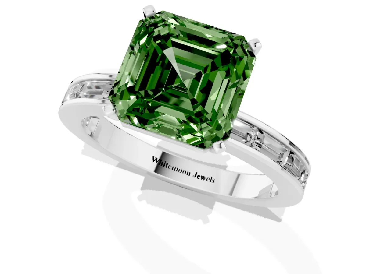 Fancy Green Asscher Cut Solitaire Diamond Ring with Channel-Set Baguette Band and Four-Prong Setting Platinum