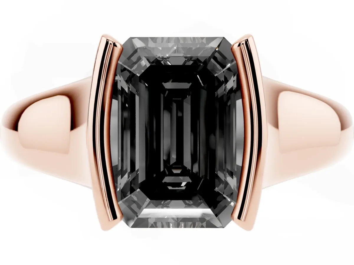 Fancy Black Emerald Cut Solitaire Tension Set Diamond Ring with Split Shank Band Rose gold