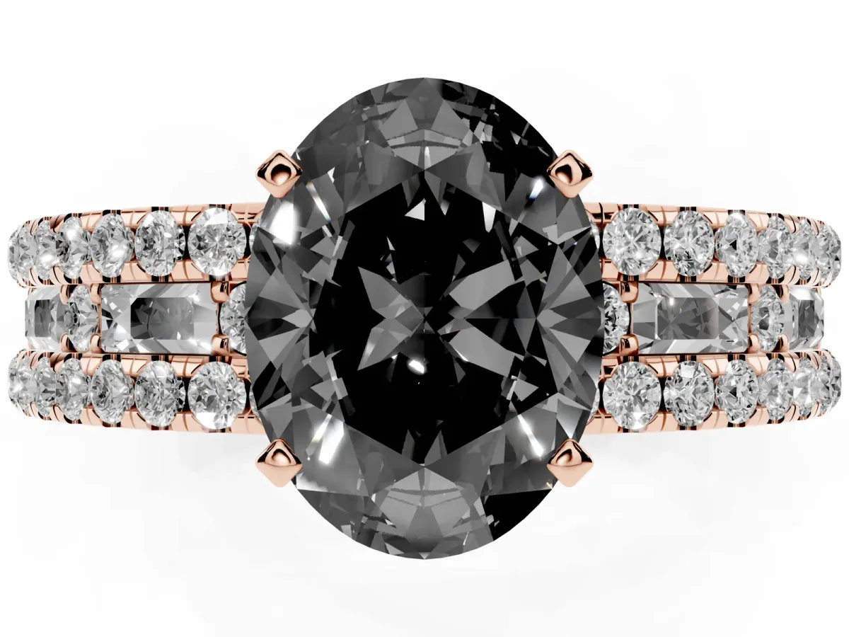 Fancy Black Oval Cut Diamond Solitaire Ring with Pavé and Channel Set Band Rose gold