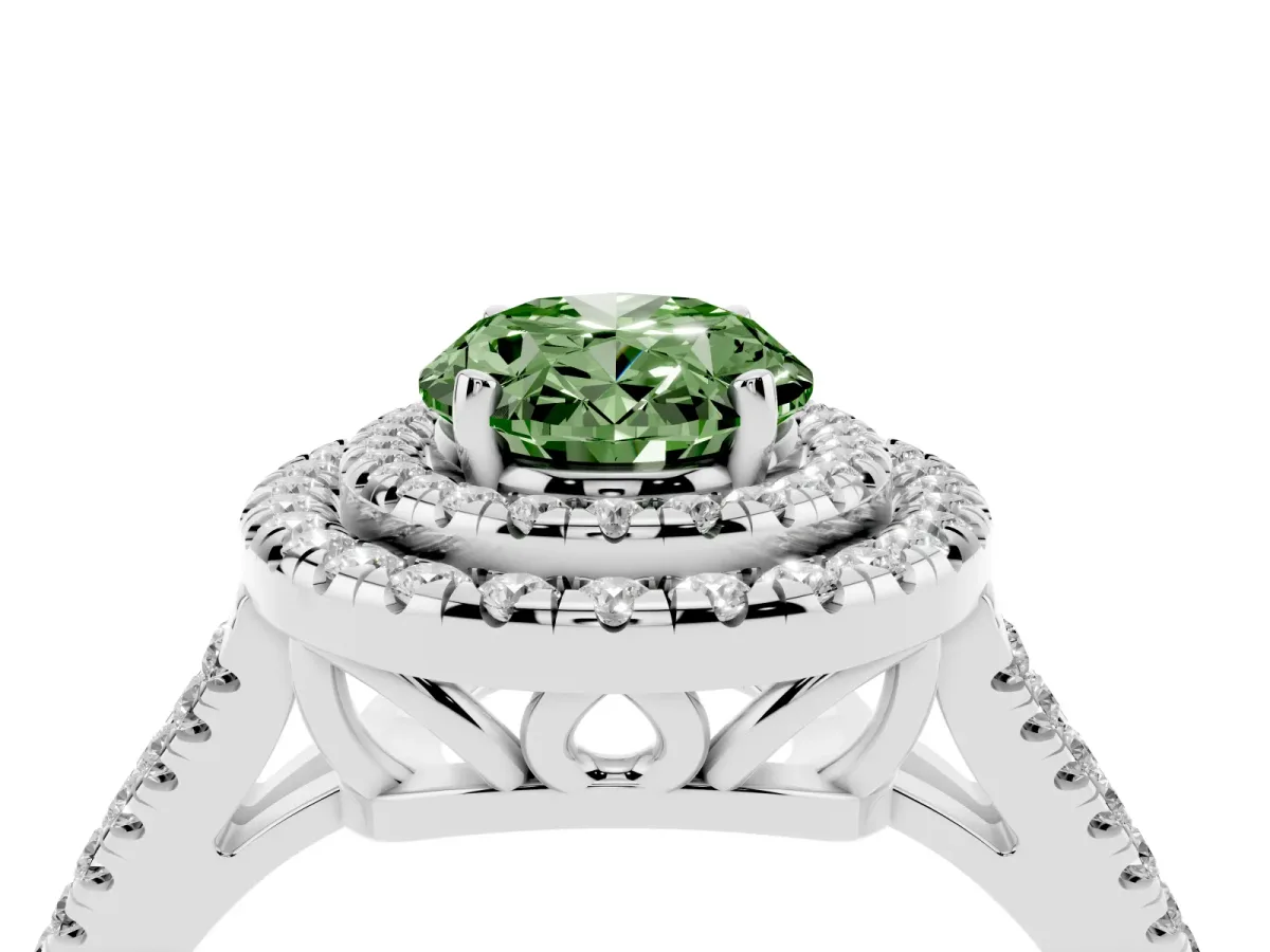 Fancy Green Oval Cut Diamond Double Halo Ring with Pavé Band and Prong Setting Silver
