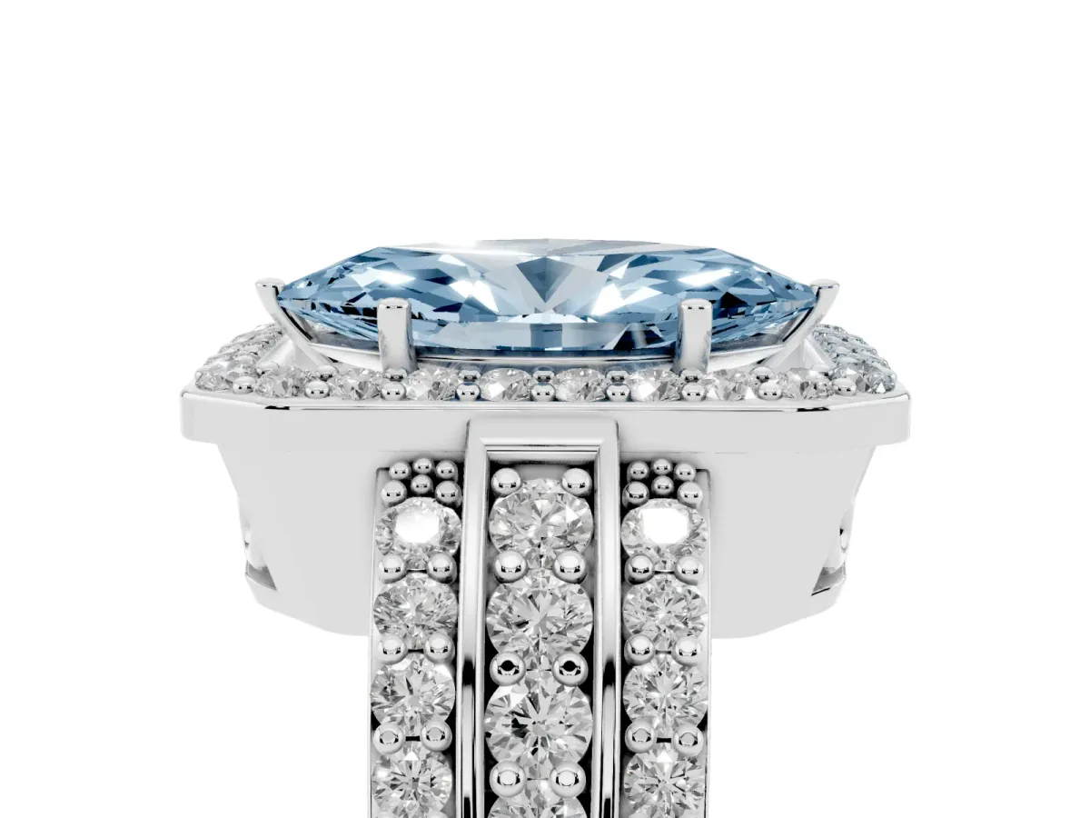 Fancy Blue Marquise Cut Halo Diamond Ring with Round Split Shank and Prong Setting Platinum