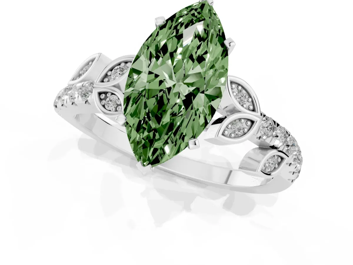 Fancy Green Marquise Cut Solitaire Leaf-Inspired Diamond Ring with Pavé Band and Four-Prong Setting Silver