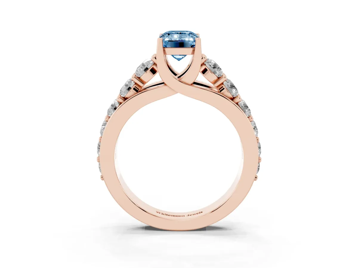 Fancy Blue Emerald Cut Diamond Engagement Ring with Pavé Band and Four-Prong Setting Rose gold