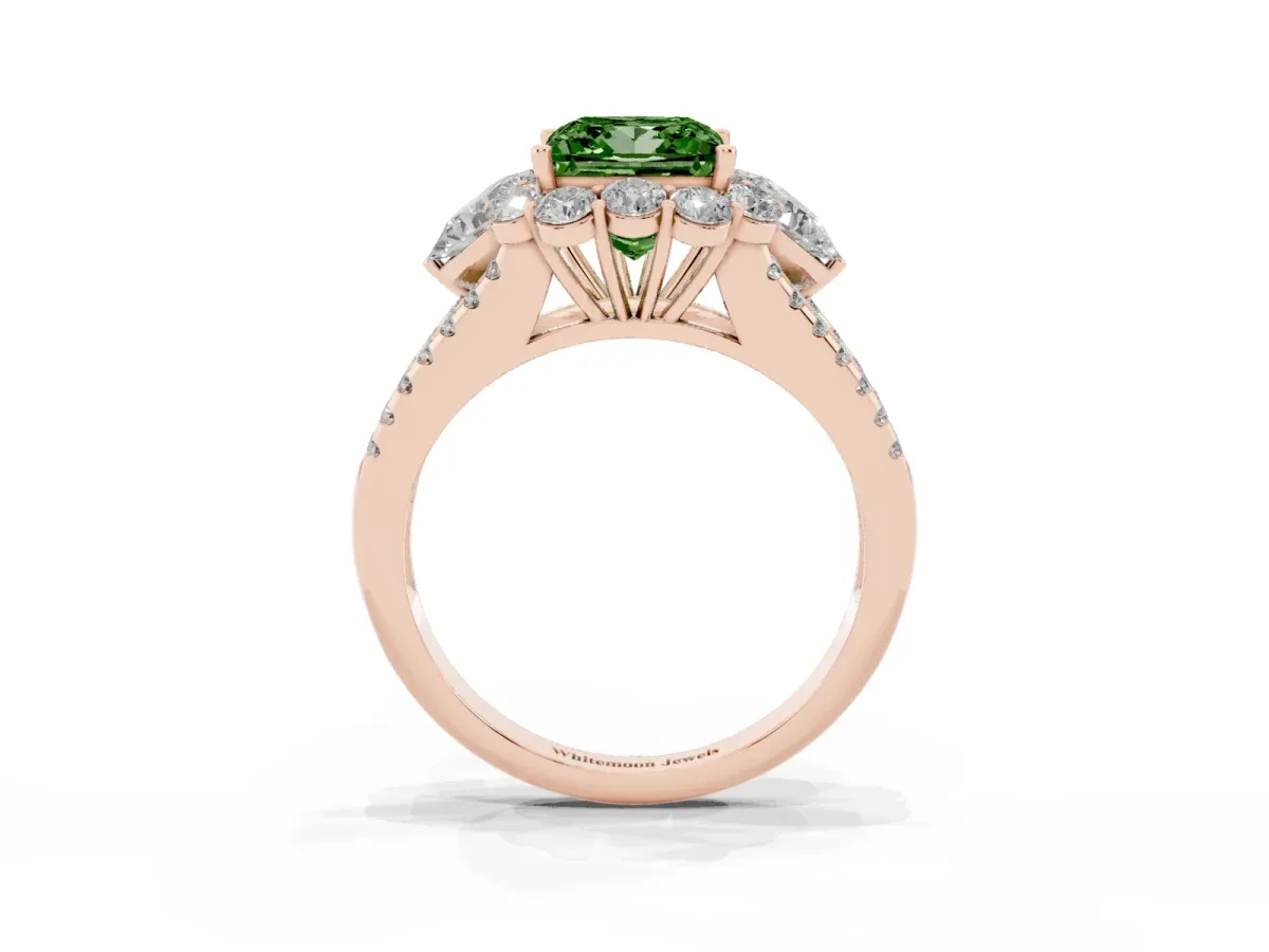 Fancy Green Princess Cut Halo Split Shank Diamond Engagement Ring with Prong Setting Rose gold