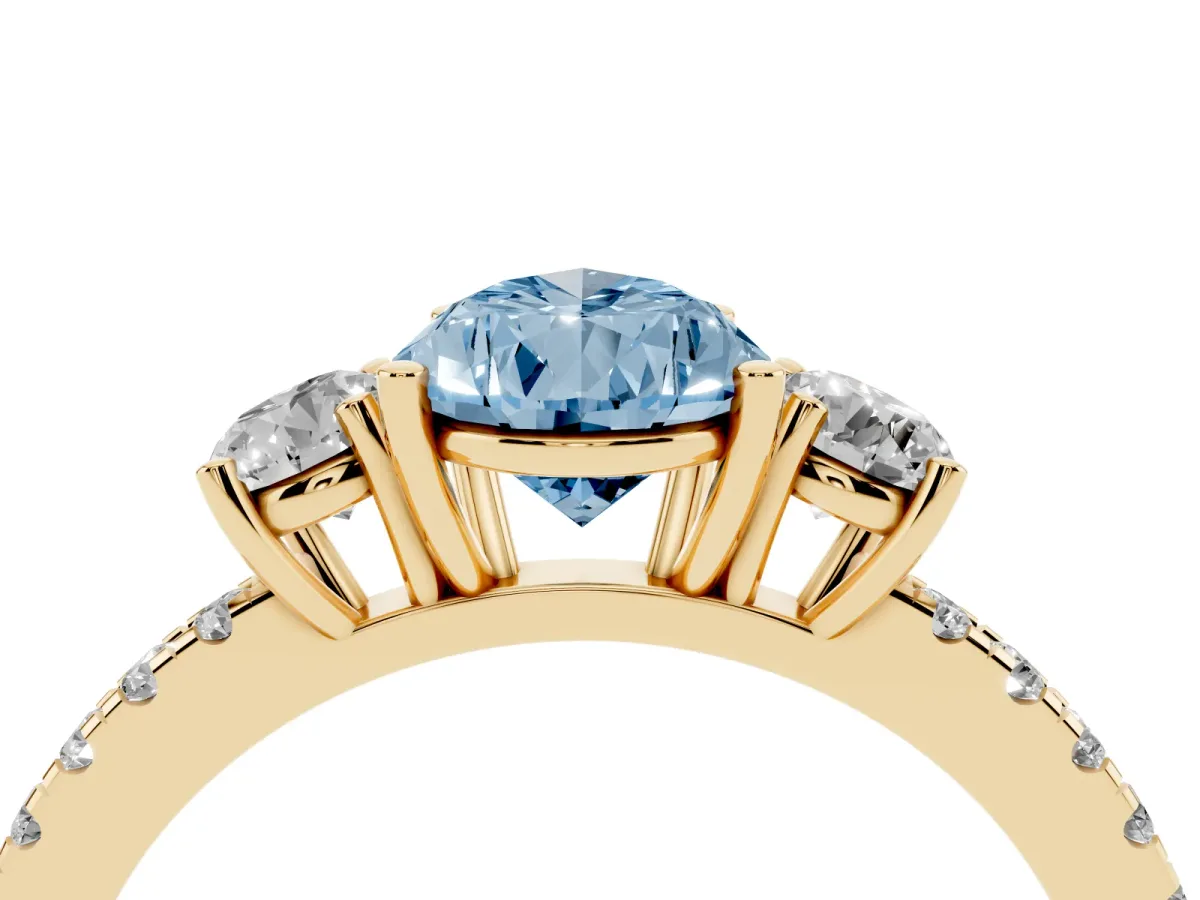 Fancy Blue Three-Stone Pear Cut Cut Diamond Pavé Band with Prong Setting Yellow gold