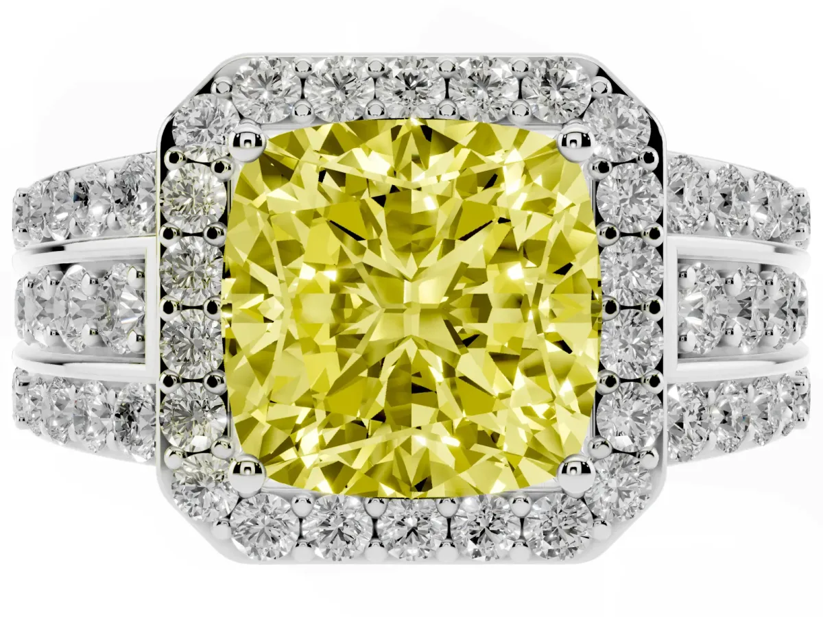Fancy Yellow Cushion Cut Halo Diamond Ring with Round Split Shank and Prong Setting Silver