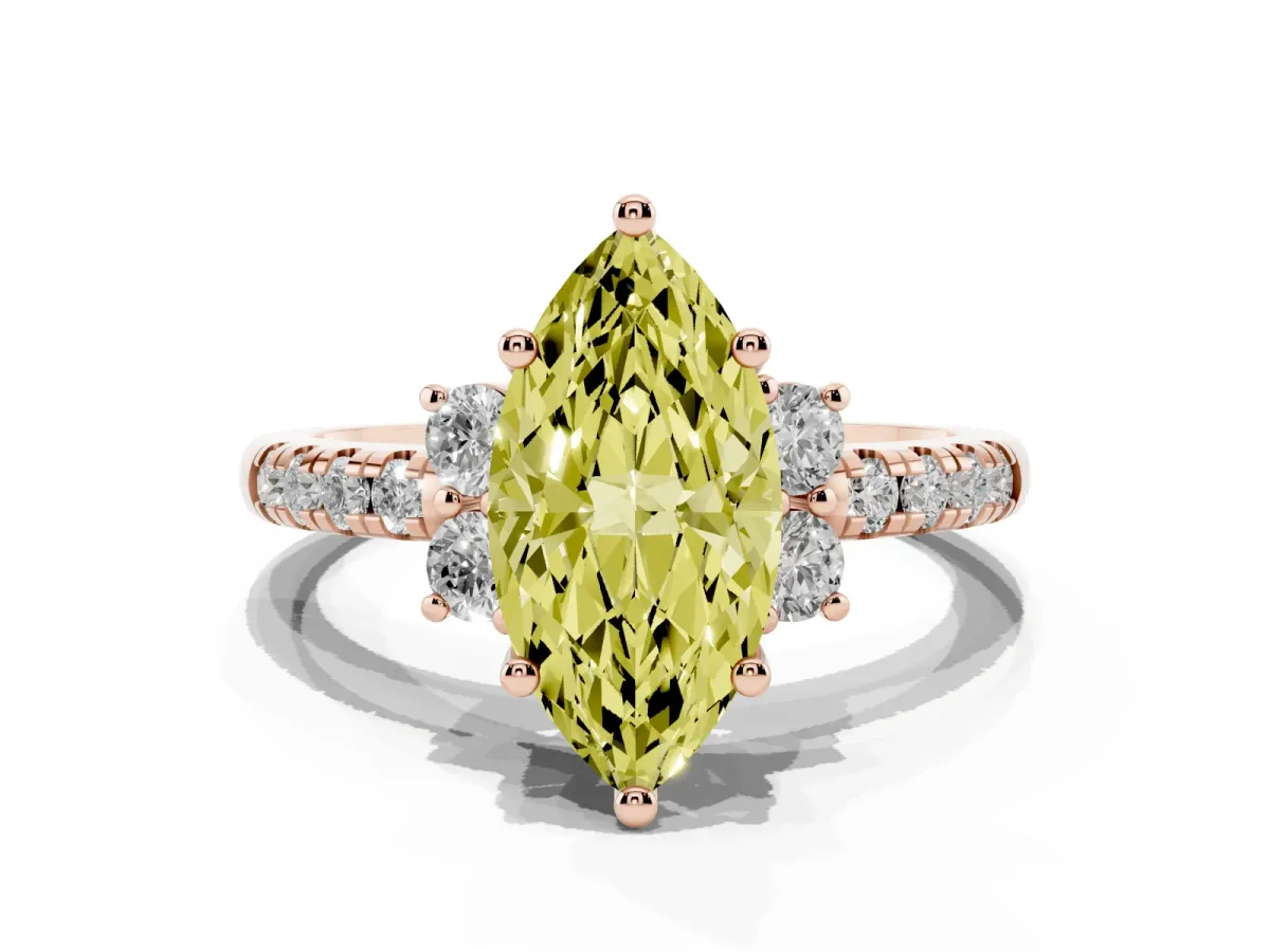 Fancy Yellow Marquise Cut Diamond Three-Stone Pave Band with Four-Prong Setting Rose gold