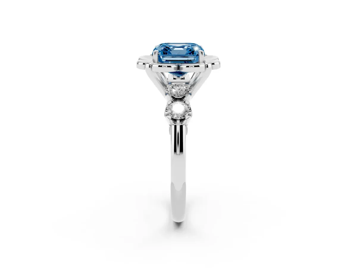 Fancy Blue Asscher Cut Cut Diamond Floral Halo Engagement Ring with Shared Prong Setting Silver