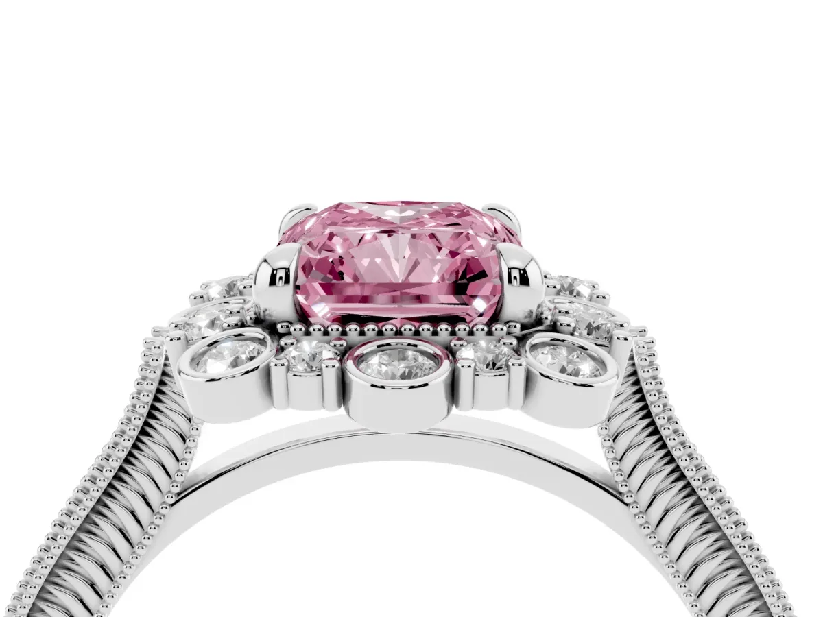 Fancy Pink Radiant Cut Halo Milgrain Pave Diamond Ring with Four-Prong Setting Silver
