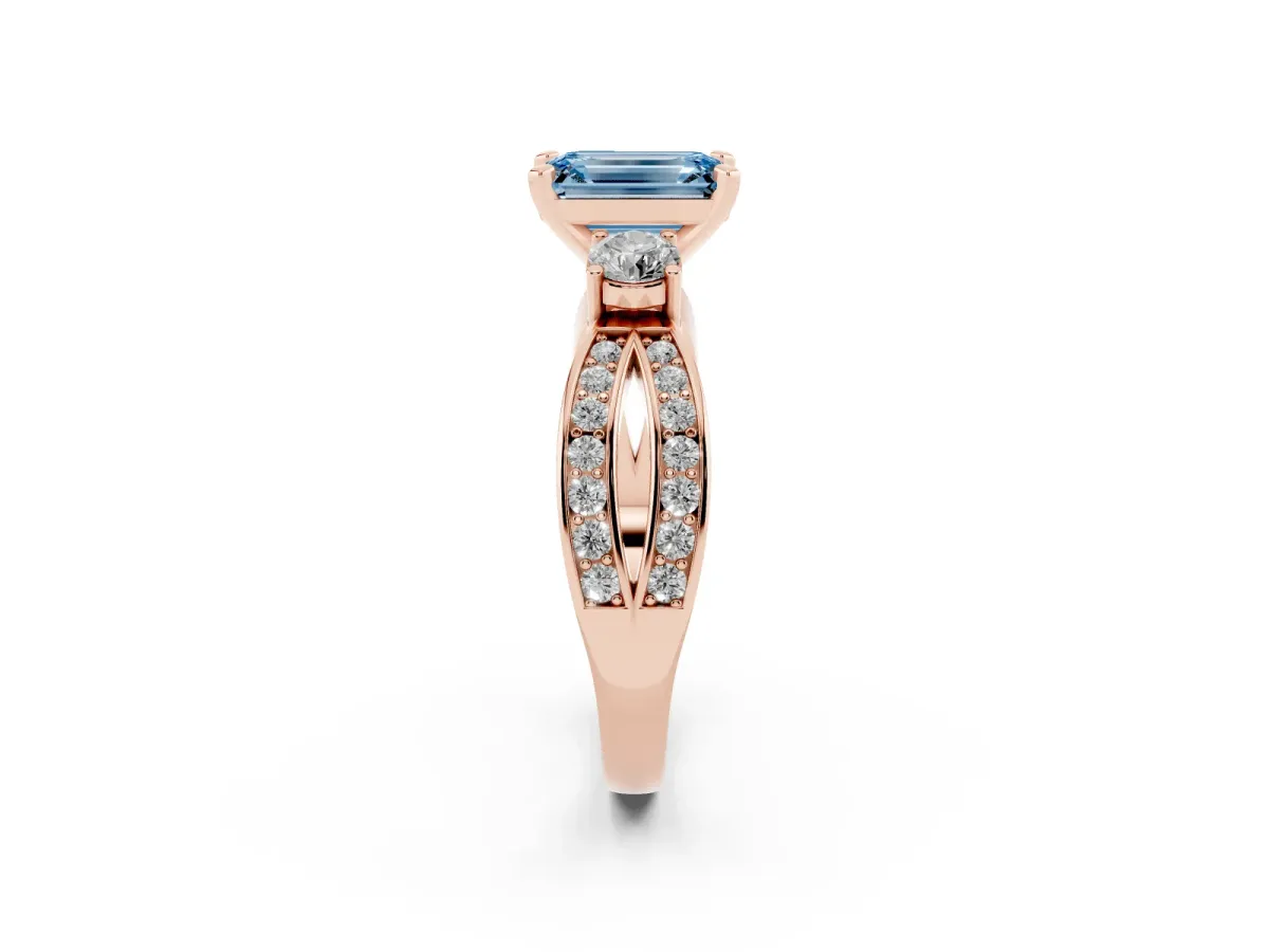 Fancy Blue Three-Stone Emerald Cut Cut Diamond Twist Band with Prong Setting Rose gold