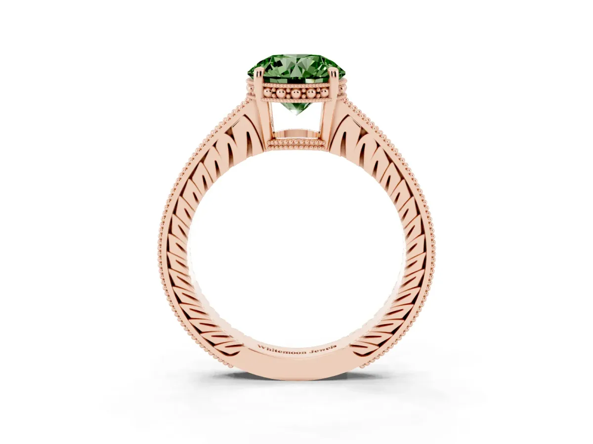 Fancy Green Round Cut Solitaire Pavé Diamond Milgrain Engagement Ring with Four-Prong Setting Rose gold