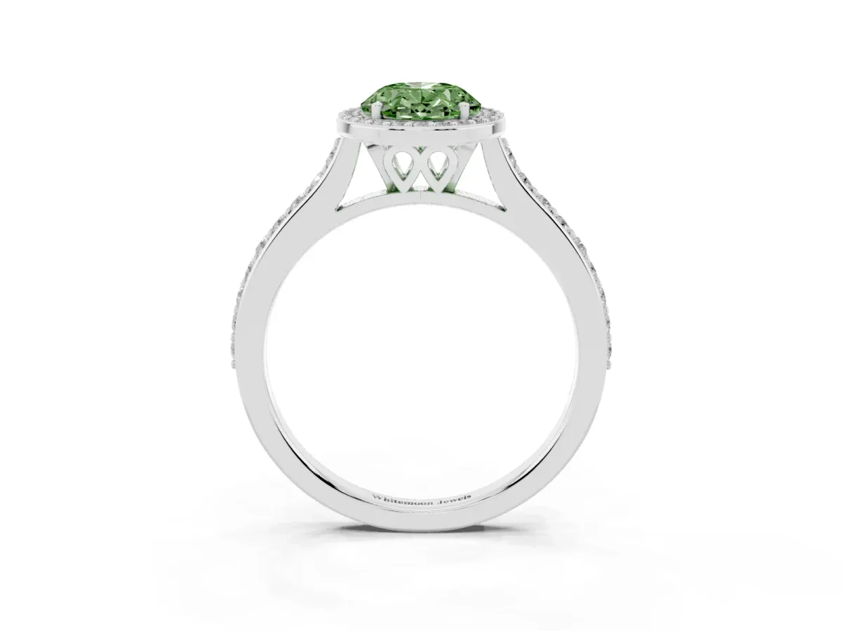 Fancy Green Oval Cut Diamond Halo Engagement Ring with Round Pavé Shoulders and Prong Setting Silver