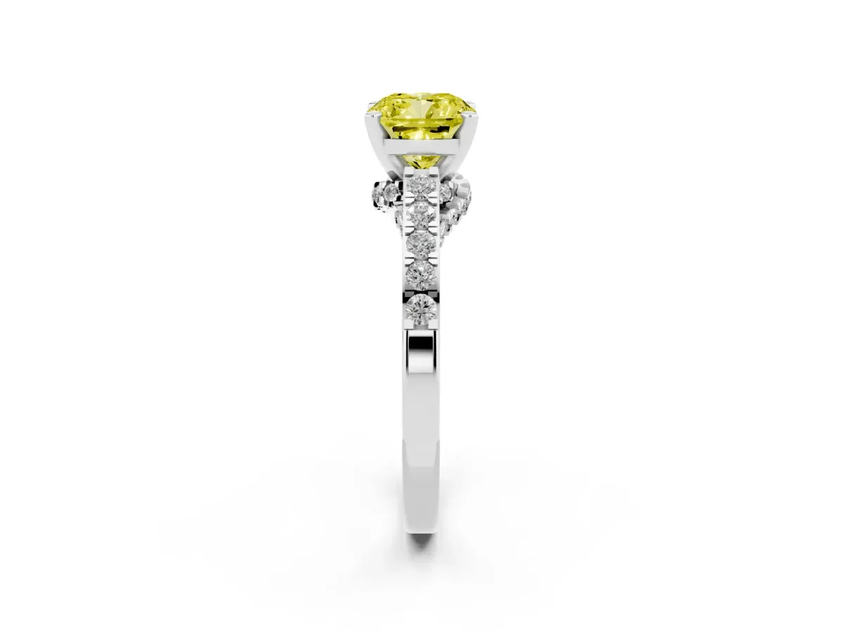 Fancy Yellow Cushion Cut Diamond Solitaire Ring with Crossover Gallery and Round Pavé Band Silver