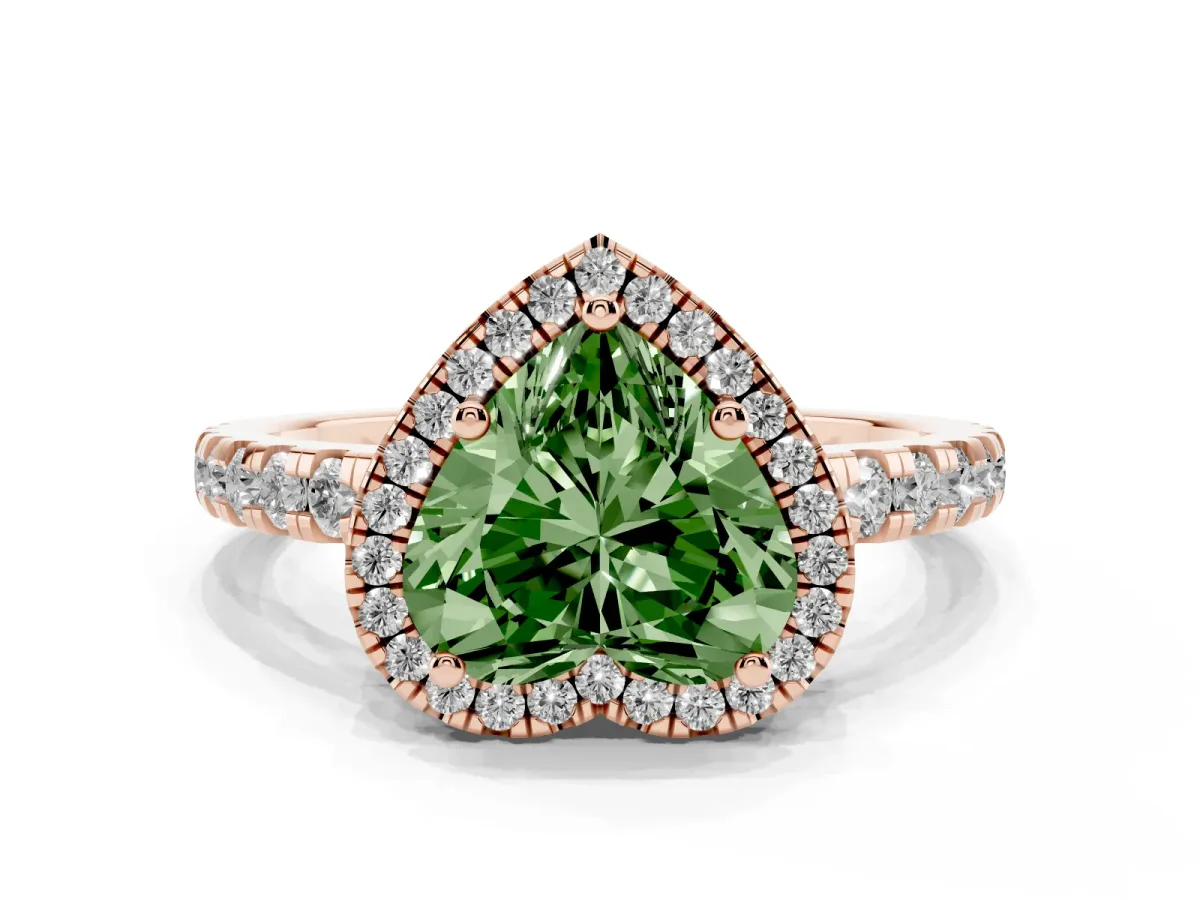 Fancy Green Heart Cut Diamond Halo Ring with Pavé Band and Four-Prong Setting Rose gold